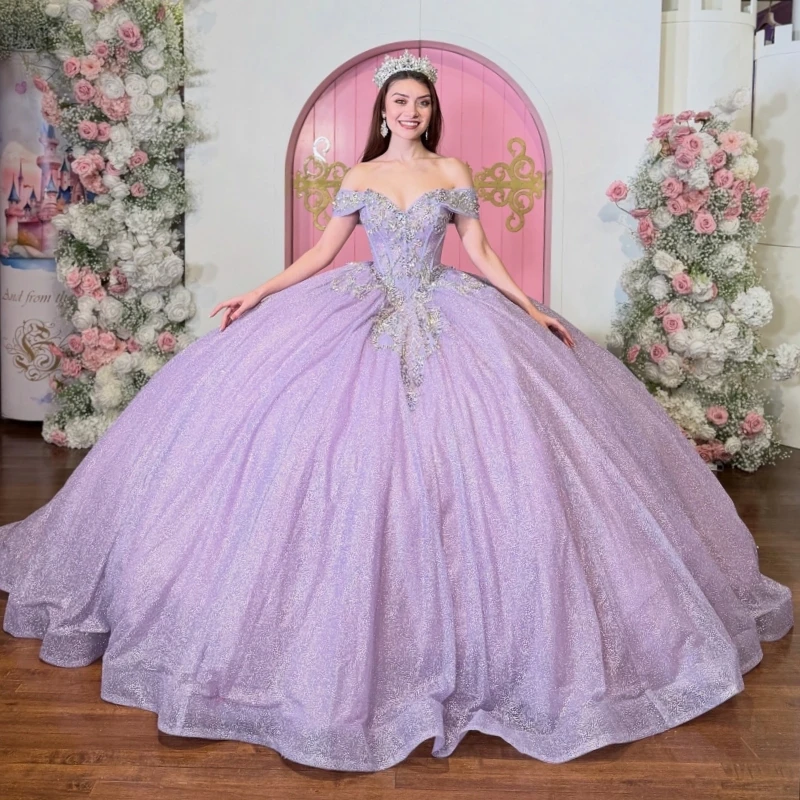 

Лавандовое блестящее платье для квинсеаньеры с открытыми плечами, кружевом, бисером, хрустальным корсетом, для вечеринки, дня рождения, на 16 лет, Vestidos 15 Anos