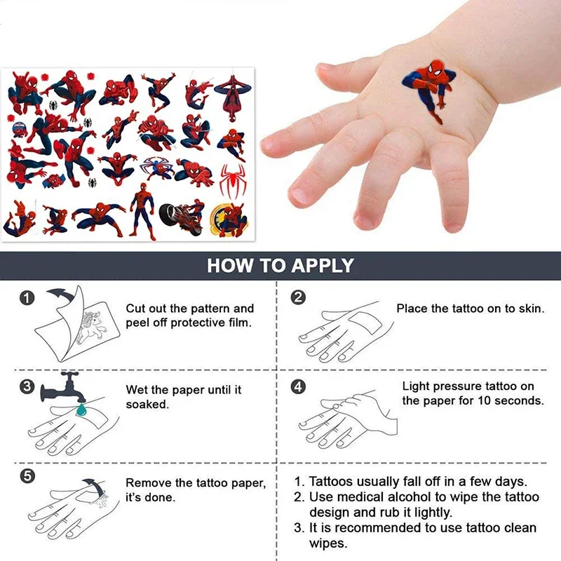 Pegatina de tatuaje de Spiderman de Disney, decoración de fiesta de cumpleaños para niños, pegatina de figura de acción de Disney Marvel, regalo de