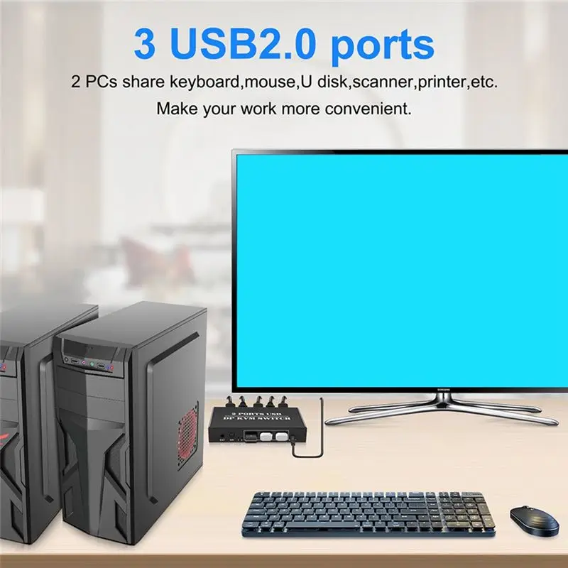 A46U DP KVM Switch 2 Port 8K@30Hz Displayport1.2 Switch 2 in 1 Out with 3 USB2.0 Port for 2 PC Laptop Share Keyboard Mouse