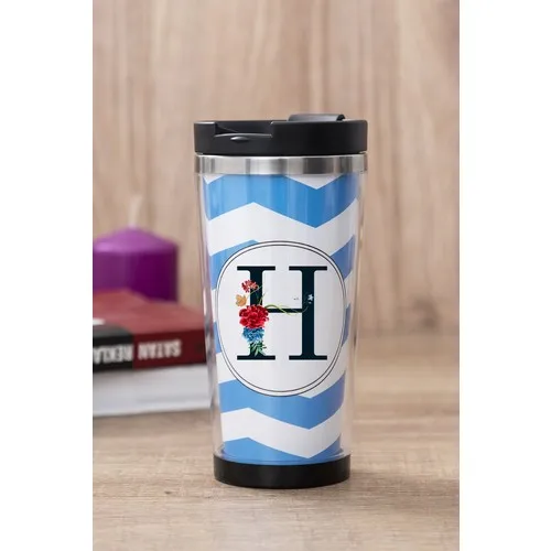 Gift Shop Letter H Flower Design Blue Thermos Cup