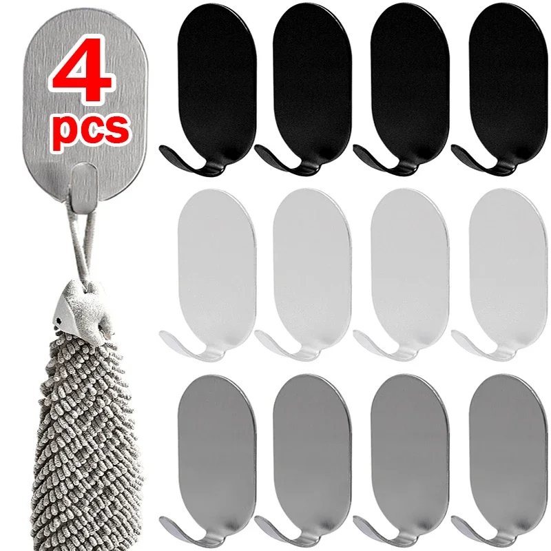 1/4Pcs J Shaped Self Adhesive Hooks Stainless Steel Door Wall Hangers Punch-free Towel Rack Bathroom Key Hat Hanging Organizer