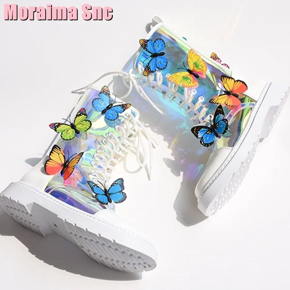 

Butterfly Decor Lace Up Ankle Boots Round Toe Colorful Clear Women Shoes Block Heel Fashion Combat Ladies Boots White Solid 2023