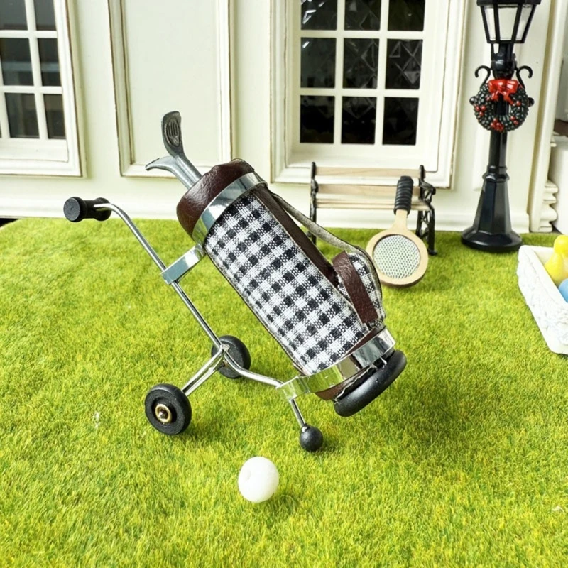 

1/12 Scale Miniature Golf Cart with Checkerboard Design for Dollhouses Accessories Metal Leather 15UB