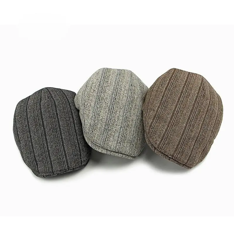 Men's Striped Beret Hat Warm Fleece Lined Cotton-Blend for Autumn & Winter Adjustable Size 56-60cm