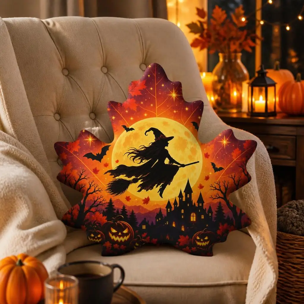 Halloween Witch Maple Leaf Shaped Throw Pillow Haunted Castle Moon Bats Cushion Autumn Sofa Home Decor Fall Seasonal Decor
