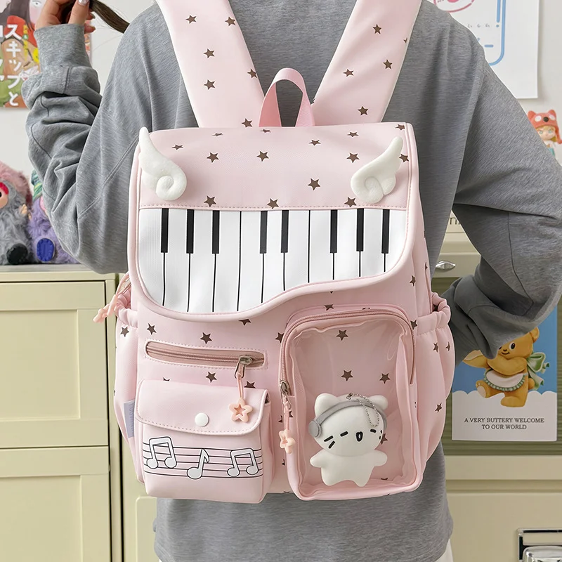 Cute Piano Key Star Print Backpack Girls Kawaii Musical Note School Bag 3d Angel Wing Decor Student Large Capacity Flap Rucksack