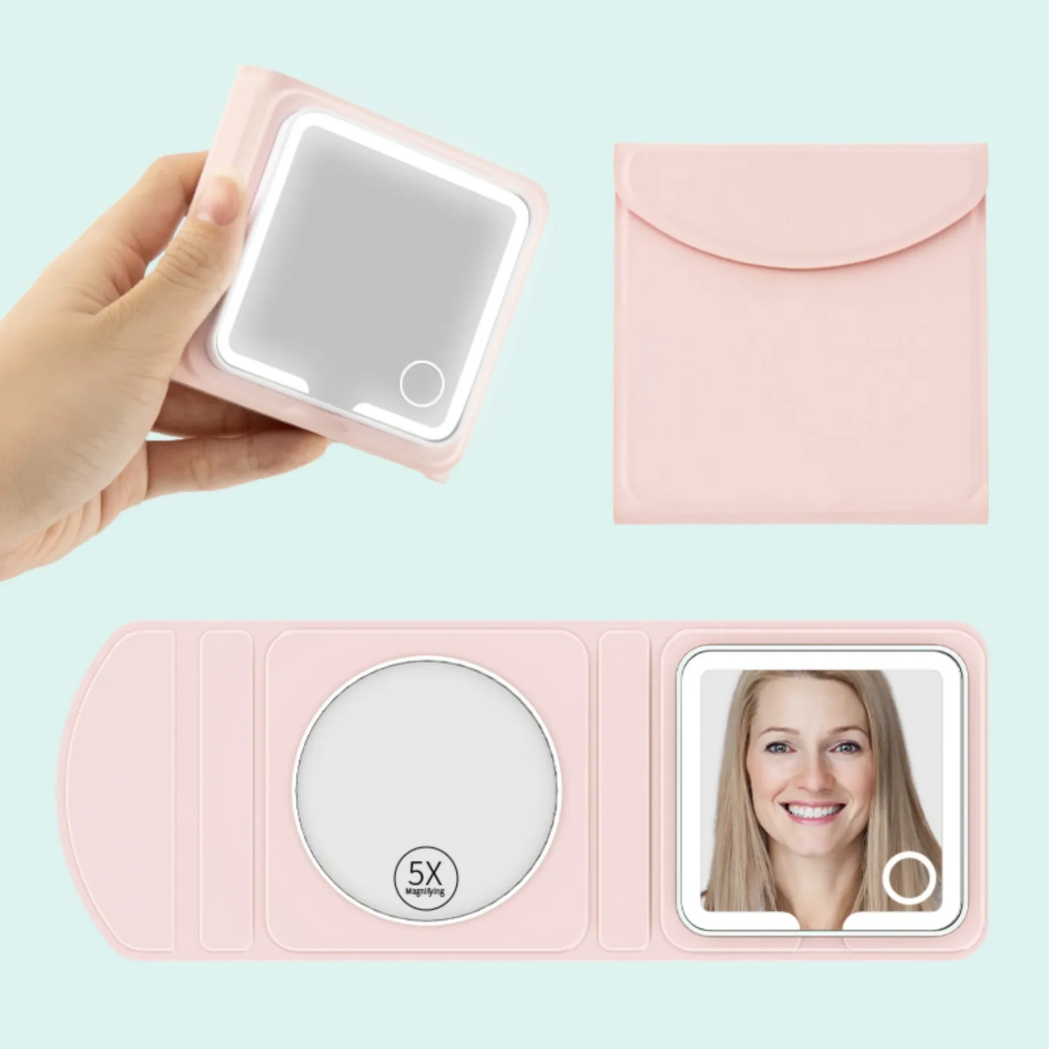 Travel-Friendly 2-Way Foldable Makeup Mirror - 5X/Plain Mirror, Touch LED Dimming, Rechargeable PU Waterproof Portable Vanity Mi