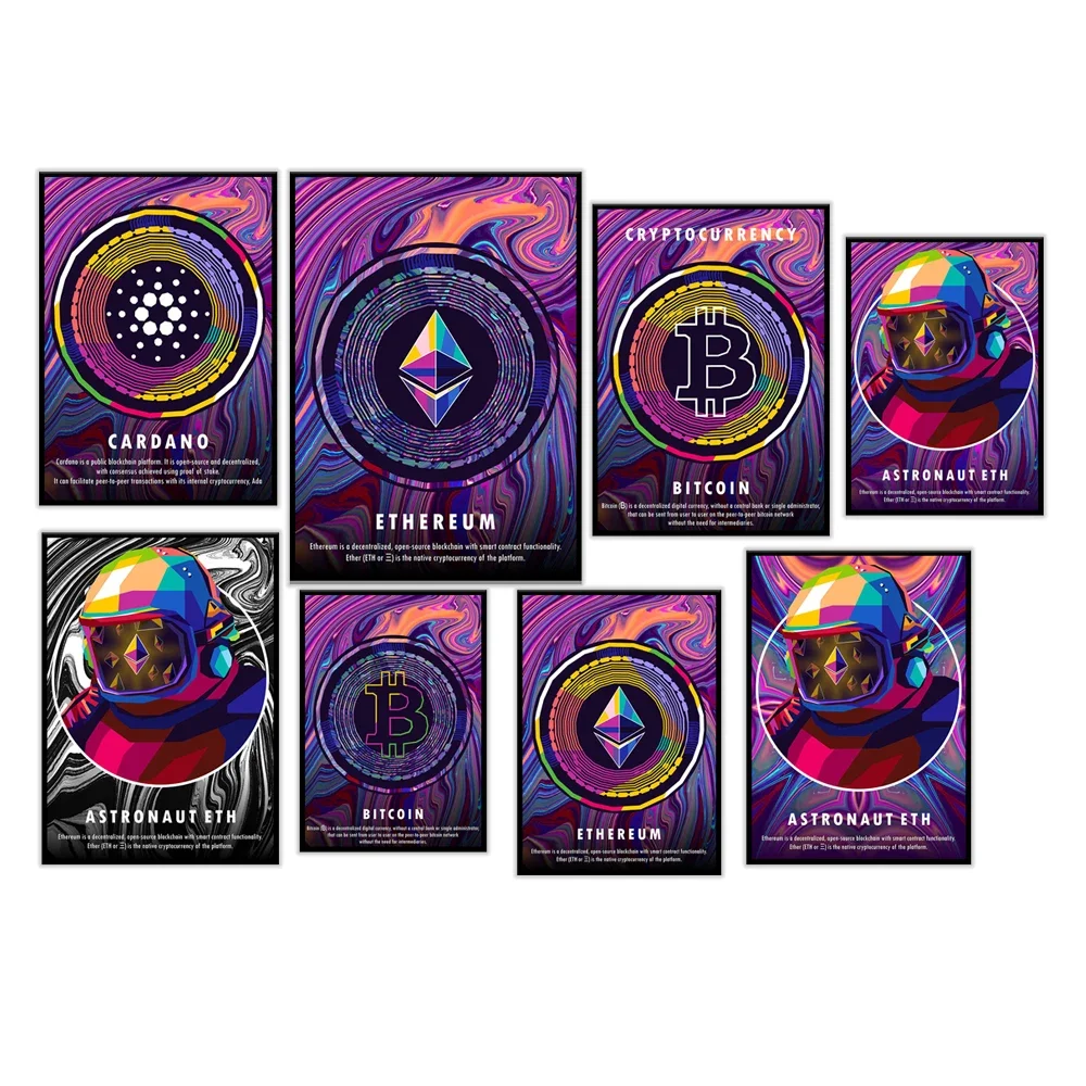 Crypto Colorful Canvas Poster Xrp Cardano Bitcoin Solana Decentraland Ethereum Cryptocurrency Home Decor