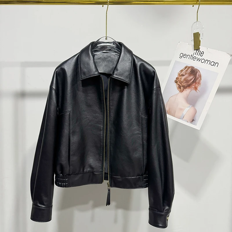 Natural Sheepskin Coat Spring Autumn Women Casual Simple Brown Versatile Lapel Zipper Loose Short Genuine Leather Jacket Casacos