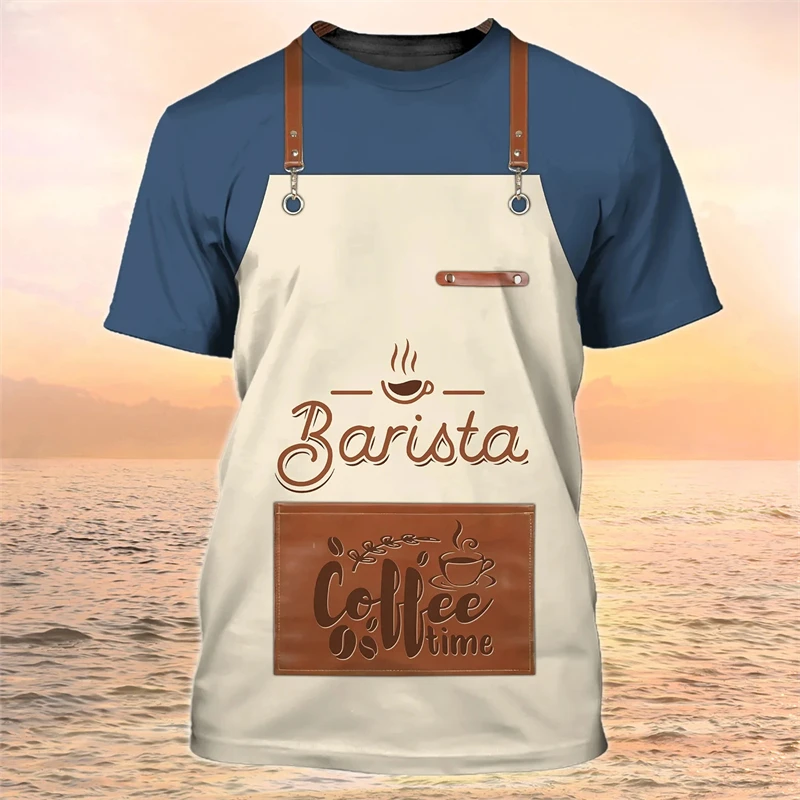 Barista Shirt New Fashion Café Hip Hop Uniform Short Sleeve Men Clothing Summer Casual Round Neck Oversized T-shirts Male Tops