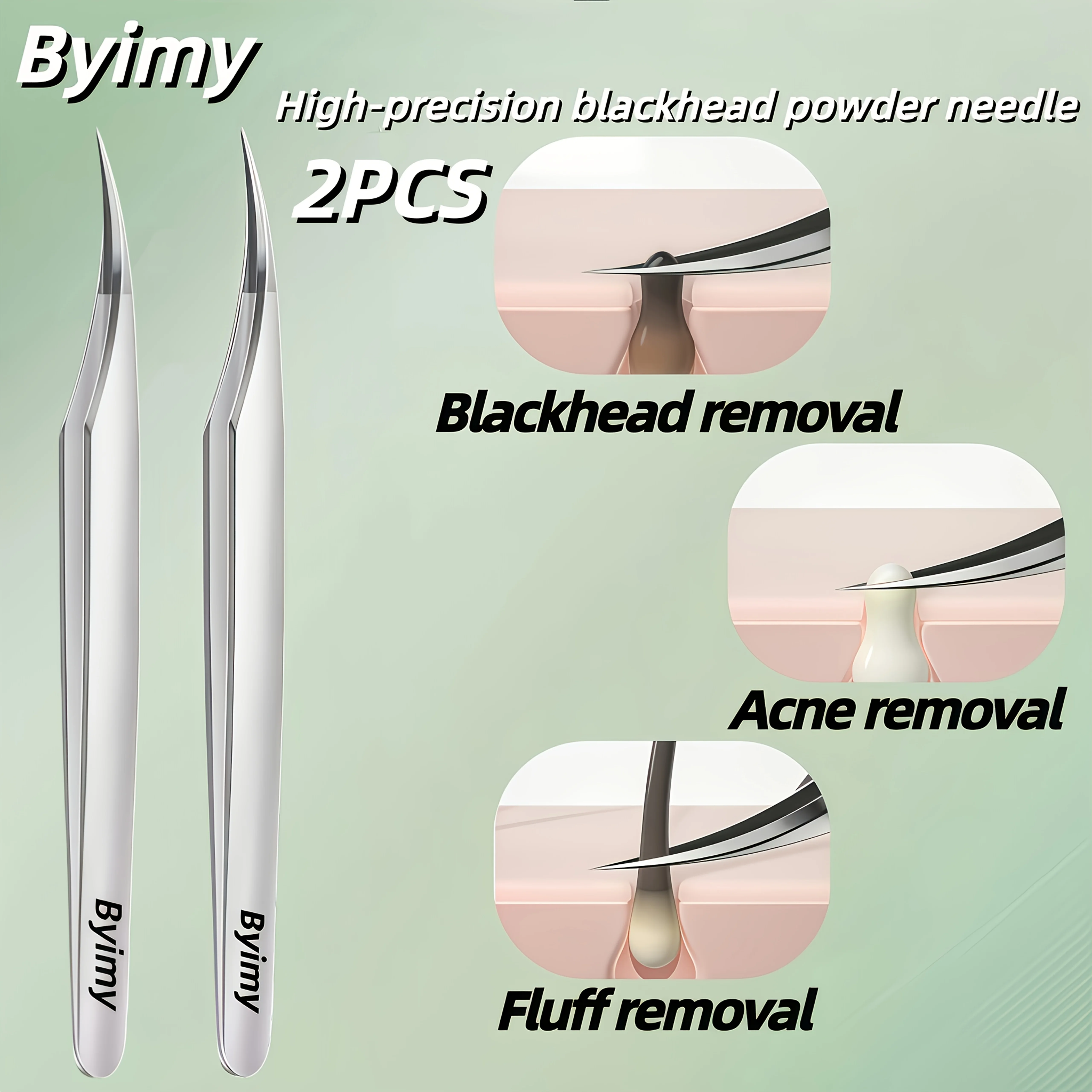 Byimy 2PCS Curved Precision Tweezers Stainless Steel Blackhead Remover Facial Hair Plucking Beauty Tool