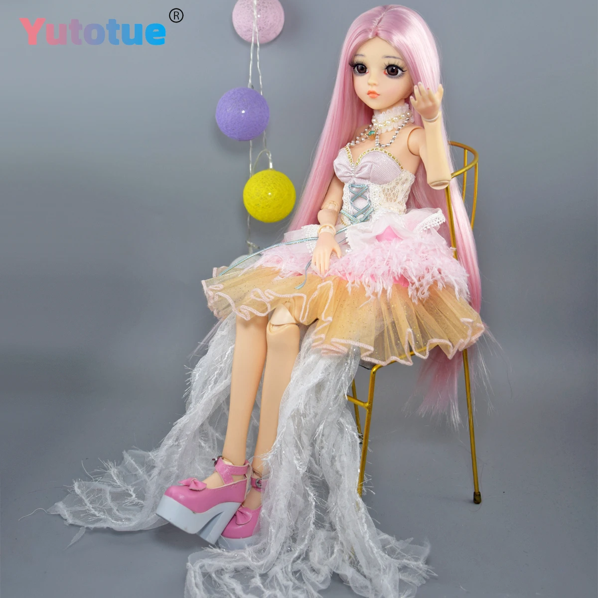 Lalka księżniczka YUTOTUE o wysokości 60 cm z prostą peruką, sukienką, butami i pełnym zestawem, lalka BJD 1/3.