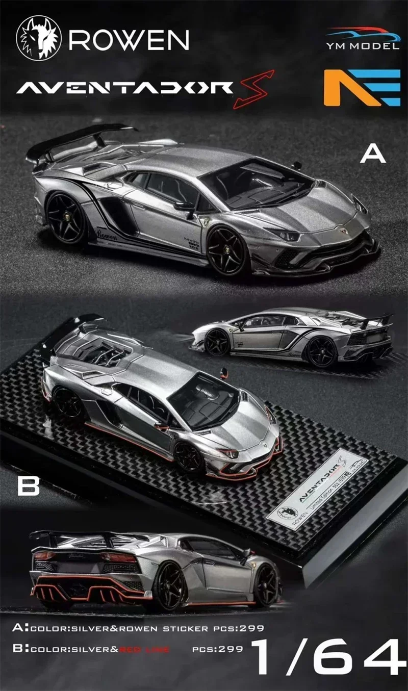 

YM Model 1/64 Aventador S Silver Rowen Sticker / Red Line Resin Model Car