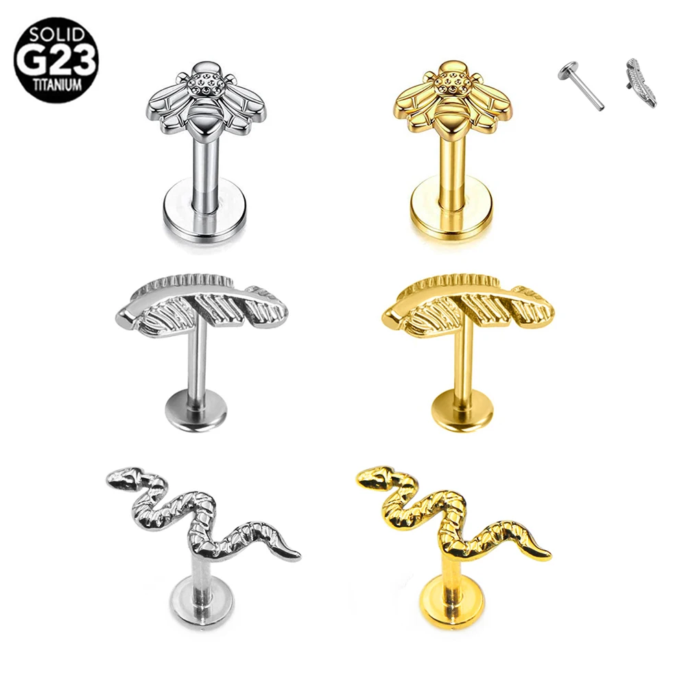 G23 Titanium Snake Bee Feather Labret Piercing 16G Internal Thread Earring Stud Cartilage Helix Body Jewelry