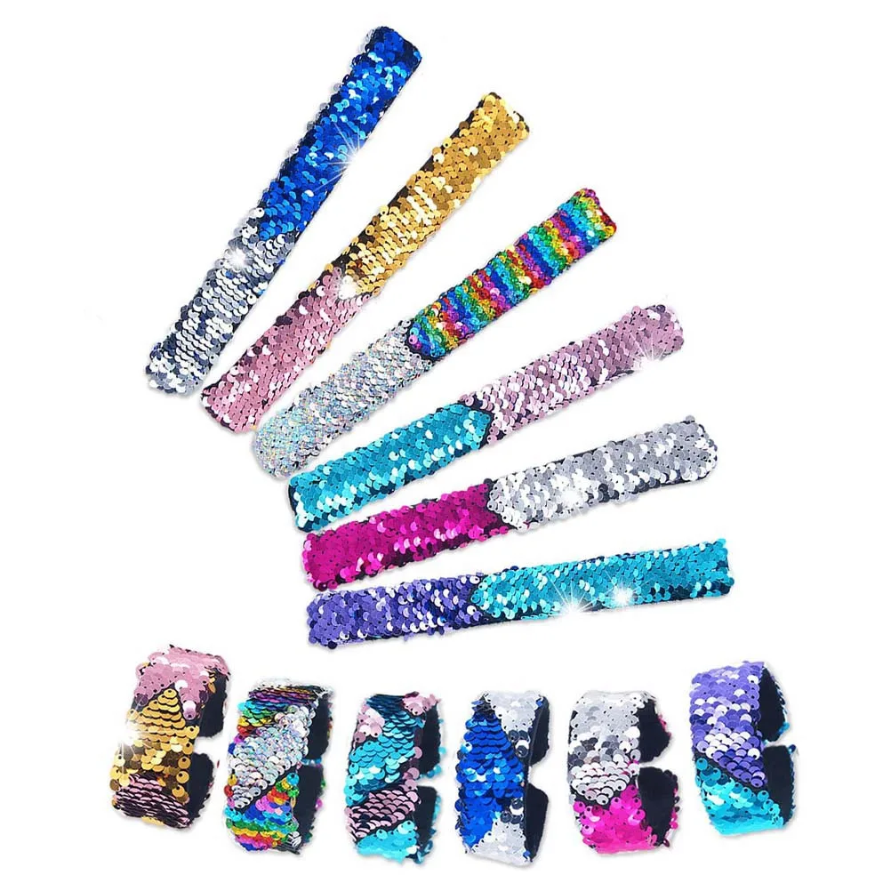 

12Pcs Flashy Sequin Wristbands Slap Style Kids Party Favors Holiday Carnival Bracelet for Christmas New Year Fun
