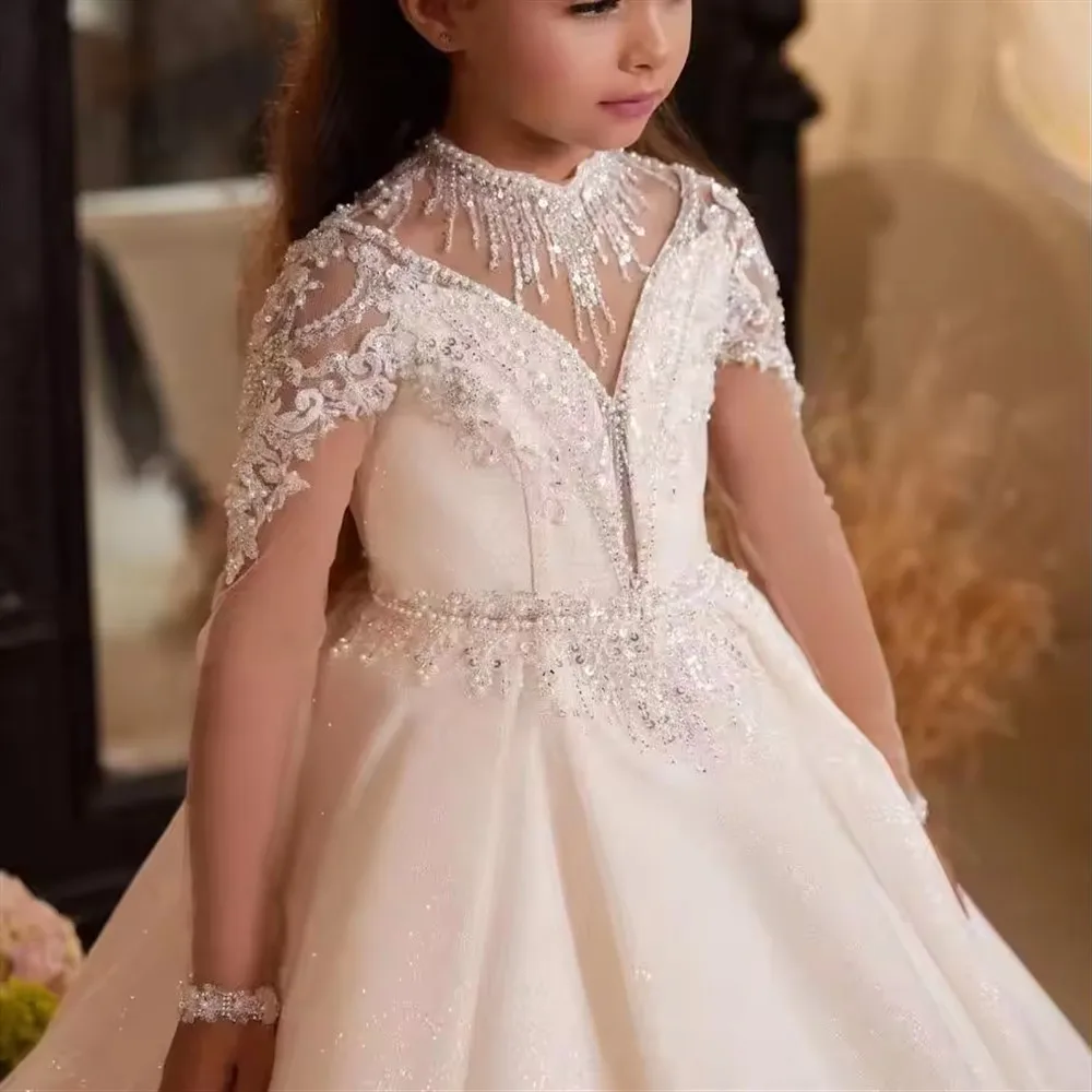 

New Shining Flower Girl Dress For Wedding Lace Puffy Sequins Beading Full Sleeve Kids Birthday Party First Communion Gowns