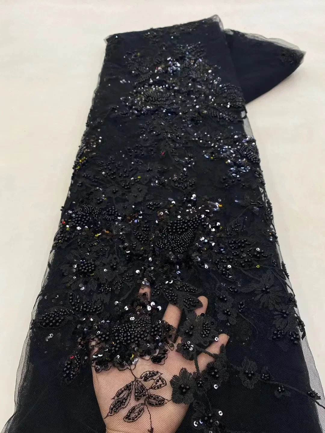 5 Yards Tulle Net African Lace Fabric Bead Lace 2025 High Quality Black Nigeria Sequin Fabrics for Wedding Evening Dress Sewing