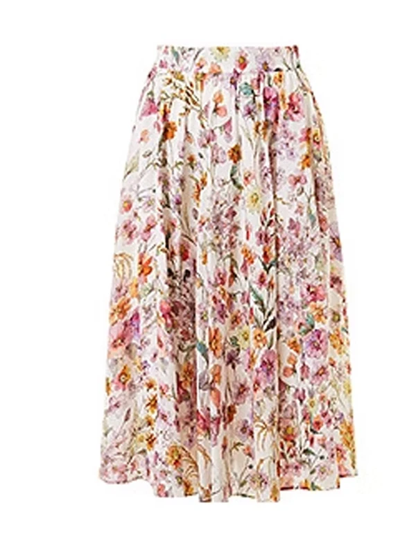 

Faionable High Waist Floral Print Midi Skirt A-Line Umbrella Skirt Holiday Sle Mid-Length Cotton Blend Women's Skirt