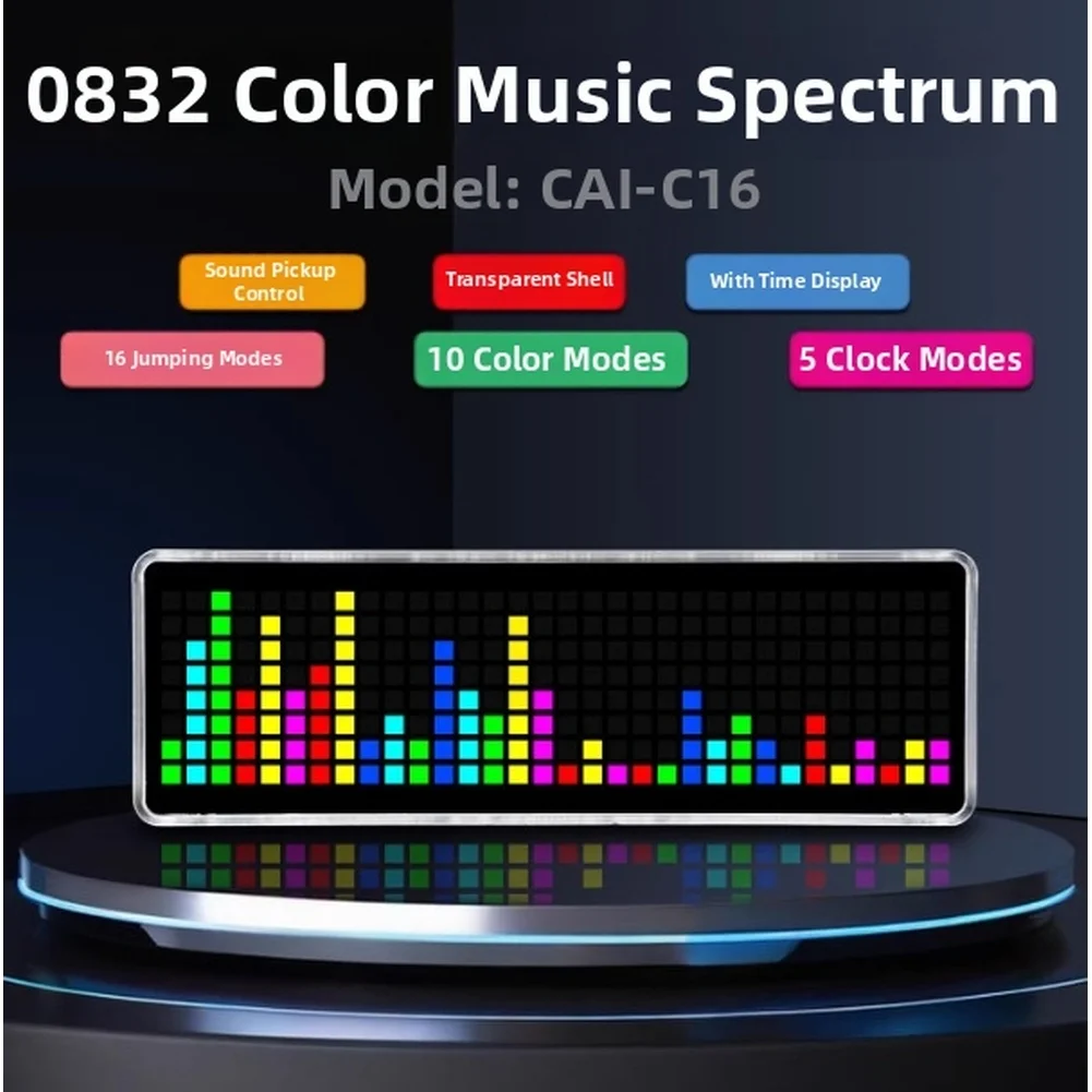 USB Powered RGB LED Music Clock with For Spectrum Analyzer and Transparent Enclosure for Educational Projects 16x5.2x2.4cm