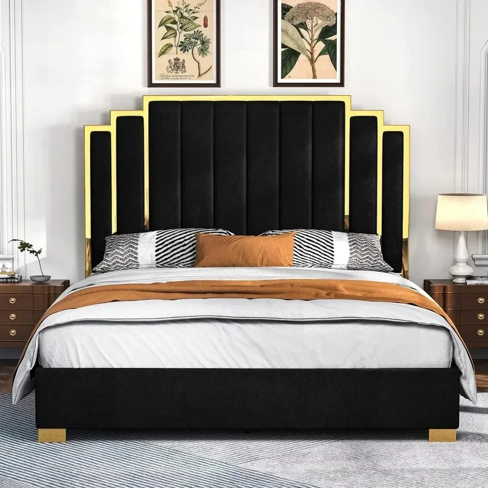 

Queen Platform Bed Frame, 61.4 Inch Velvet Upholstered Bed with Gold Trim Headboard, No Box Spring Required