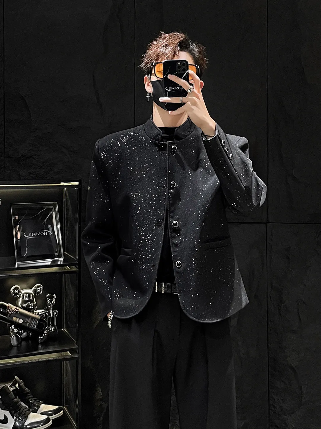 

New Chinese Style Black Star Shoulder Pad Men's Suit Jacket Stand Collar Sequin Western Clothes Trendy Casual Polyester Fiber