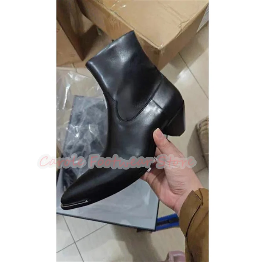 

Fashion Design Strange Heel Genuine Leather Chelsea Boots for Men Metal Decor Pointed Toe 5Cm High Heel Male Ankle Boots