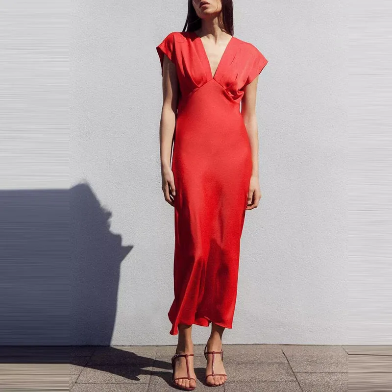 Z 2025 Spring Street Sle ort Sve الحرير الساتان يشعر ميدي Dr V Ne قطعة واحدة ألياف البوليستر 00% المرأة Dr