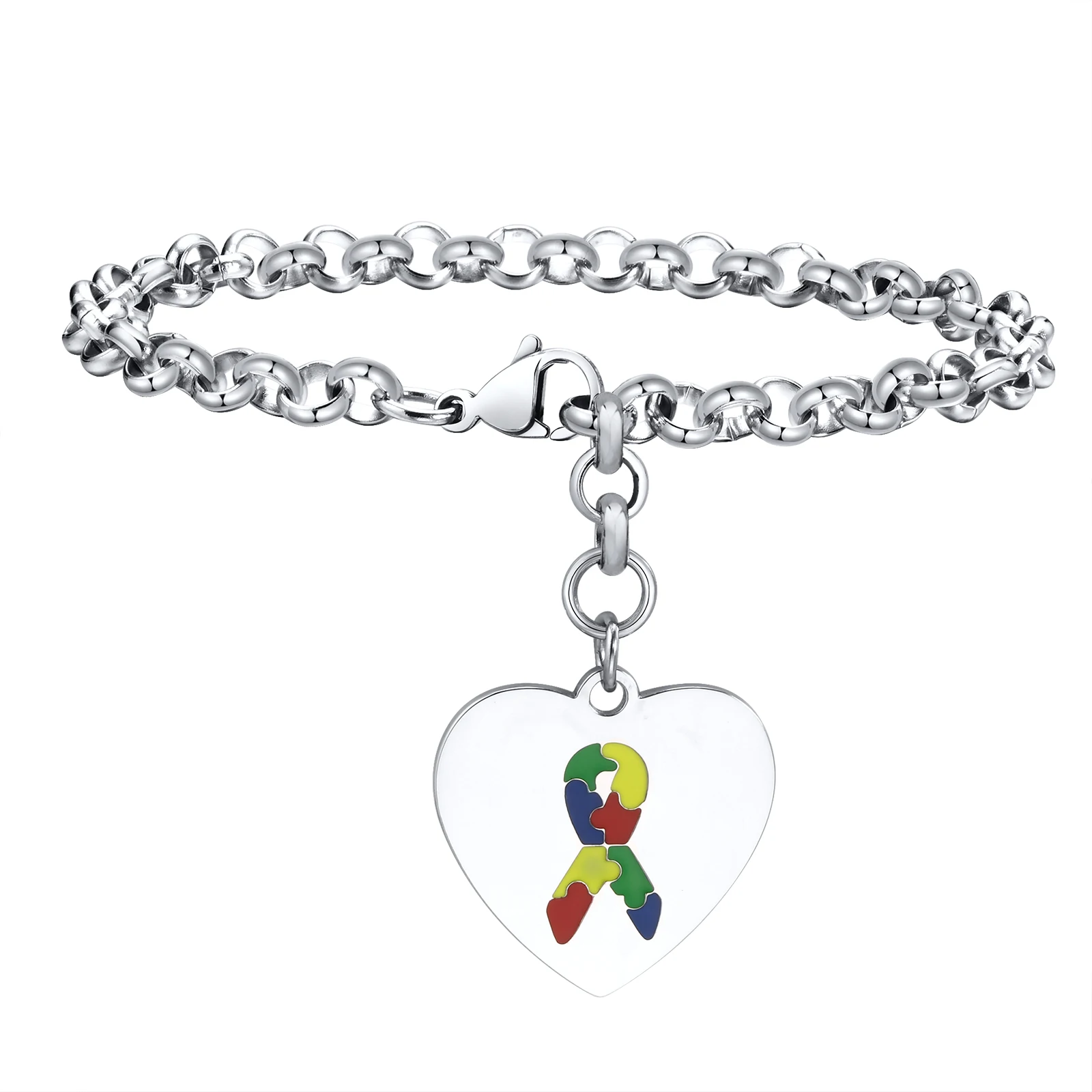 Personalized Autism Awareness ID Heart Bracelet for Women, Customized Stainless Steel Text Name Engraved Wristband