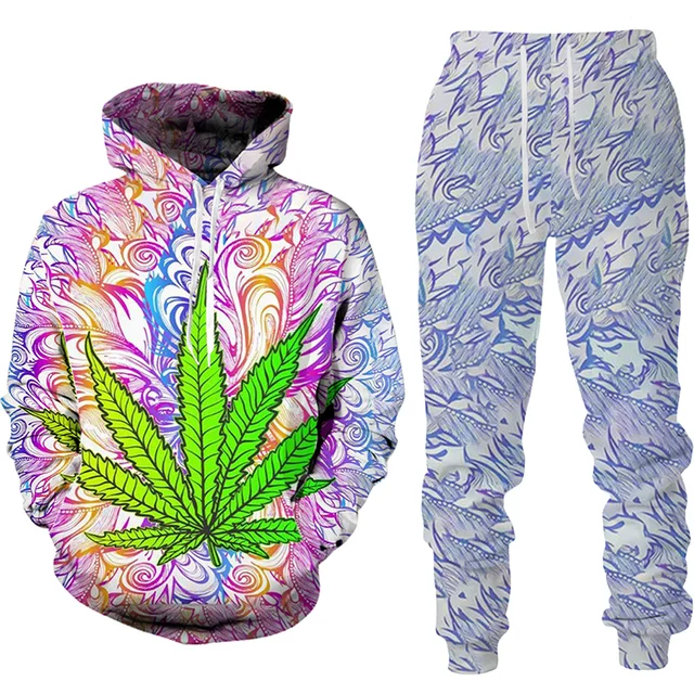 Colorful Maple Leaves Print Hoodie 2Pcs Sets 3D Man/Women Hooded Sweatshirt Pant Sets Oversized Streetwear Pullover Men Clothing