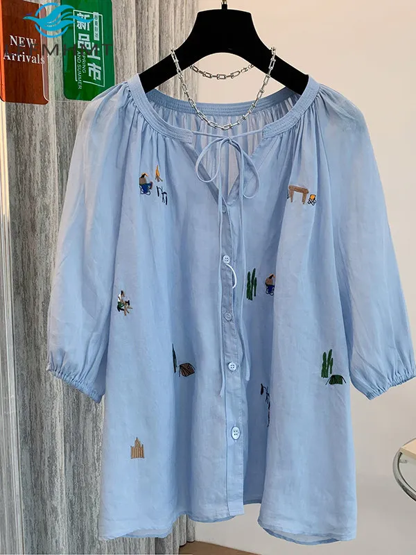 

Korean Style Cartoon Embroidery Short Sleeve Loose Casual Shirt for Women Summer Fashion Good Quality Ramie Blouse Tops