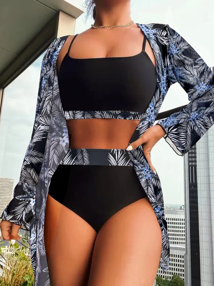 2024 Mode sexy Damen gedruckt tropische Blume Bikini Bade bekleidung Sets Frauen hohe Taille 3 Stück Sets Strand Badeanzüge Sommer