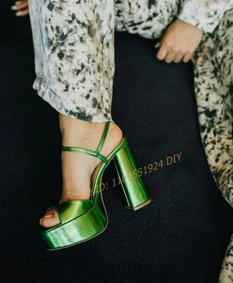 

Metallic Green Platform Peep Toe High Heel Sansals Women Ankle Strap Chunky Heeled Sexy Evening Party Ladies Shoes