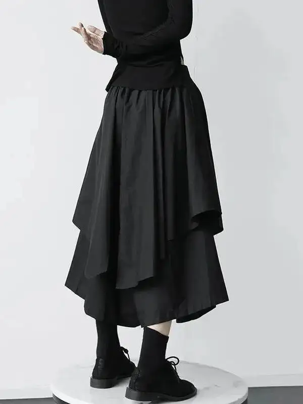 Women Black Skirts Gothic Irregular High Waist Pleated Skirt Pants For Women Vintage Cargo Skirts Female Clothes Ladies W9O8