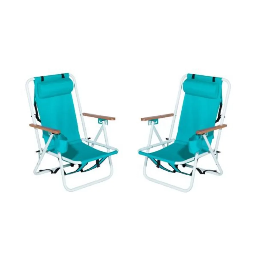 

Folding Beach Chair Set of 2 for Adults 4 Position Portable Backpack Foldable Camping Chair with rest Cup Holder and Wooden Arm