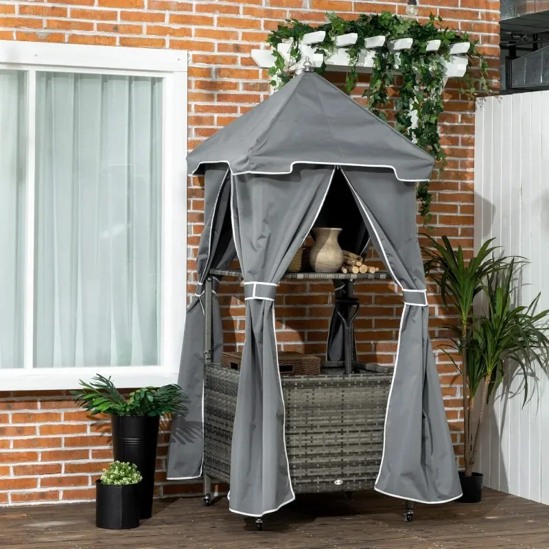Outsunny Porta toallas para exteriores, porta toallas cubierto junto a la piscina, cesta, almacenamiento de mimbre de PE con ruedas, gris