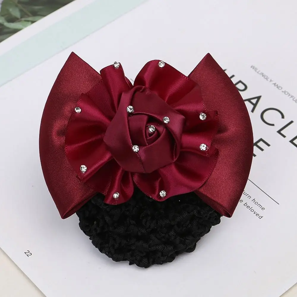 Cute Cloth Hair Accessory Lovely Headdress Rhinestone Flower Ponytail Holder Women Hair Net Girl Bun Cover Snood Spring Clip