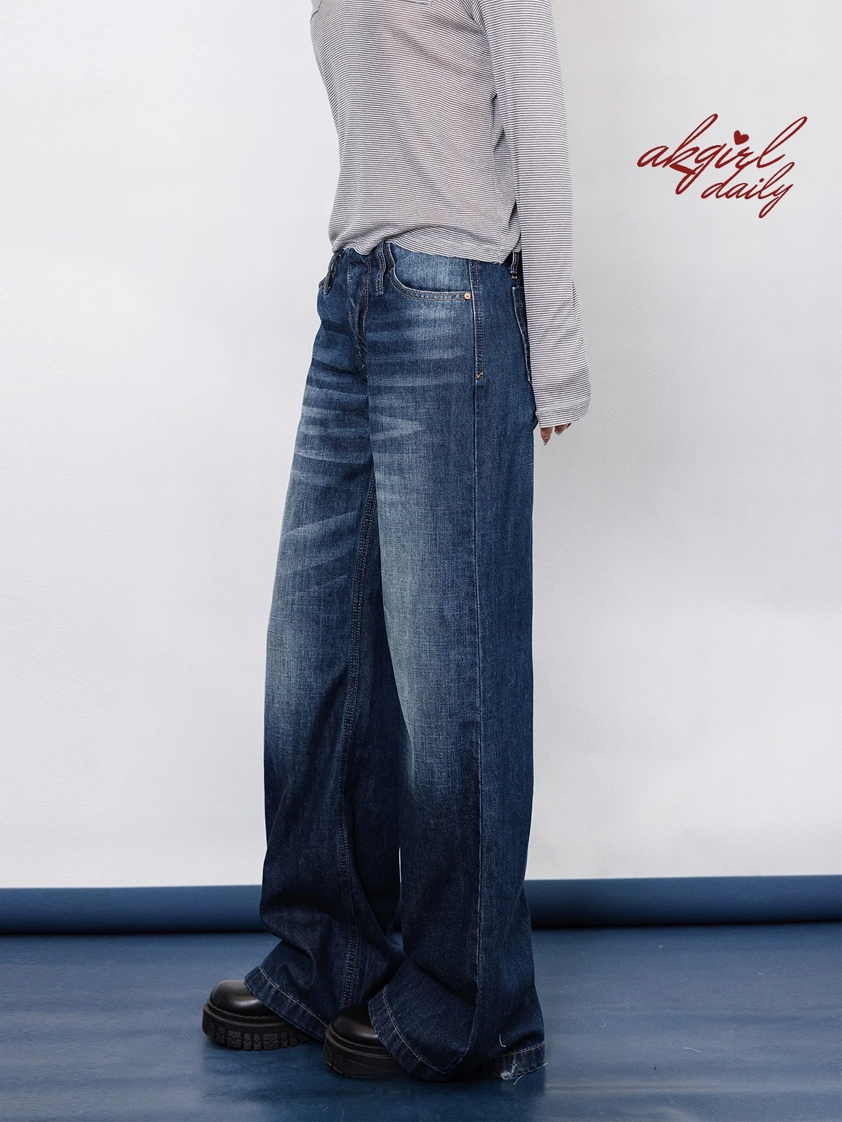 

Vintage Washed Low Waist Straight Leg Jeans Women's Casual Slim Fit Jeans No Waistband Ak11Studio Cotton Denim