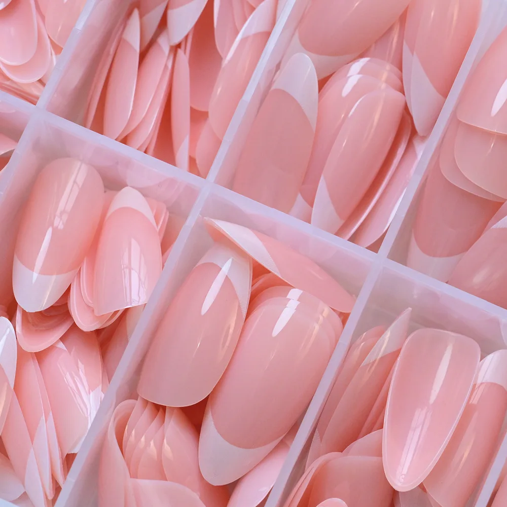 120pcs White French Tips Almond Fake Nails, Press-On Nails Set in Storage Box, Reusable Acrylic False Nails for DIY Manicure