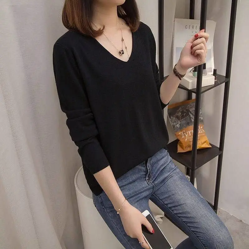 

Simplicity Casual Knitting Bottoming Shirt Spring Autumn Long Sleeve Solid Loose Pullovers Tops Vintage Fashion Women Clothing