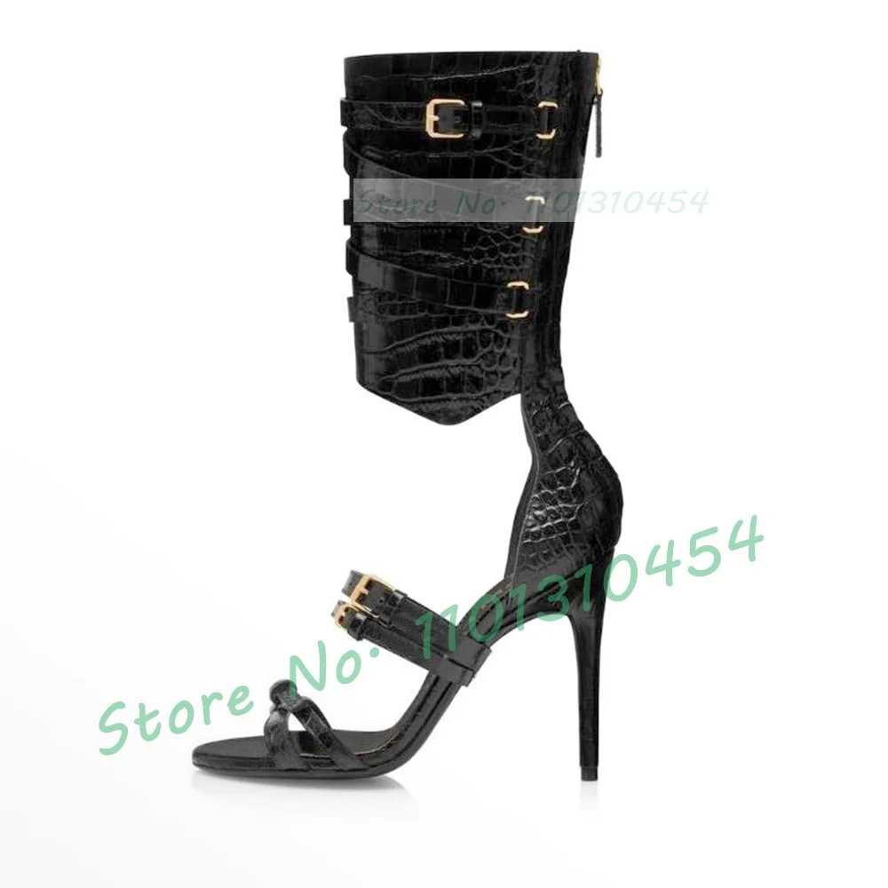 Stamped Crocodile Gladiator Sandals For Female Cross Ankle Strap Romen High Heels Long Sandals Woman Party Sexy Buckle Shoes