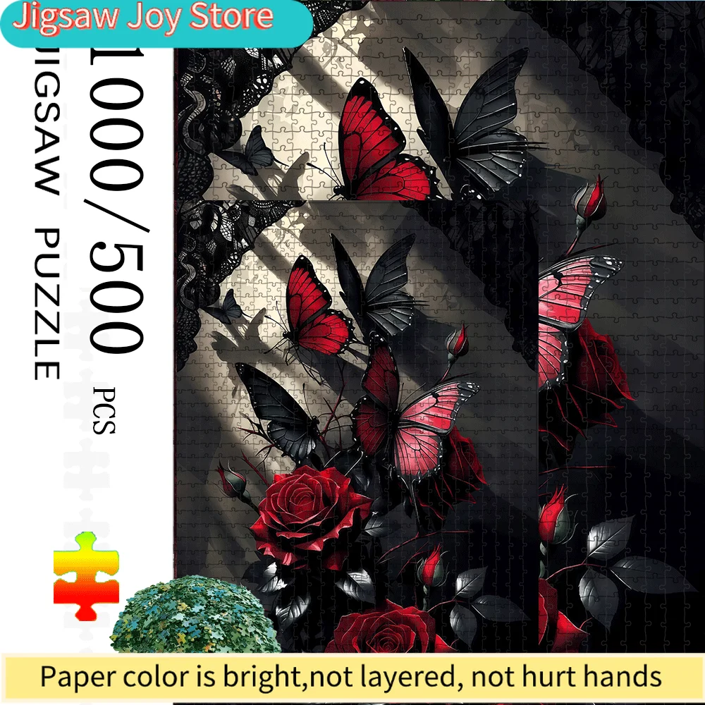 1000/500pcs Butterfly & Rose Jigsaw Puzzle for & Families - Large Jigsaw Challenge with Black/Red/Pink/White/Green/Burgundy Pi