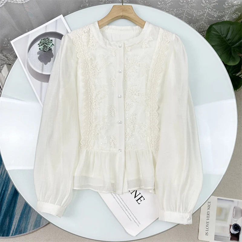 

Элегантная женская блузка с длинным рукавом и кружевом, бежевого цвета, с плиссировкой, из полиэфирного волокна, прямого кроя, в деловом стиле