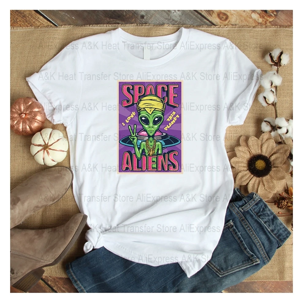 Aliens UFO Set Thermo Heat Transfer Sticker On Clothes Iron On Patches DIY Washable Print-On T-Shirt Iron On Patches Decor