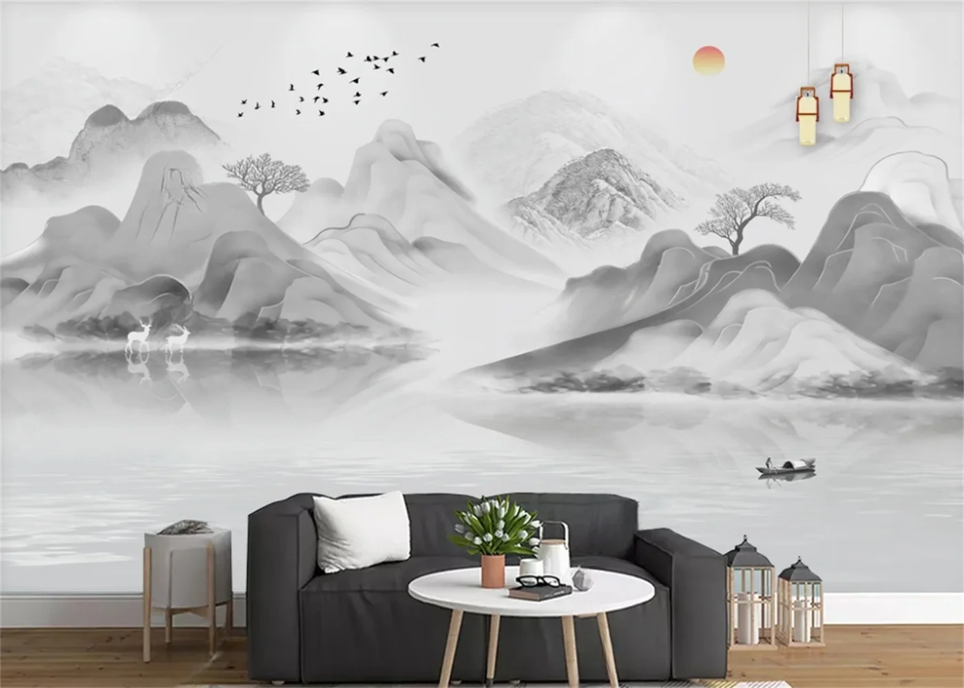 

Custom Size 3D Wallpaper Black White Gray Chinese Style Landscape Painting Home Decorative Mural for Living Room Bedroom