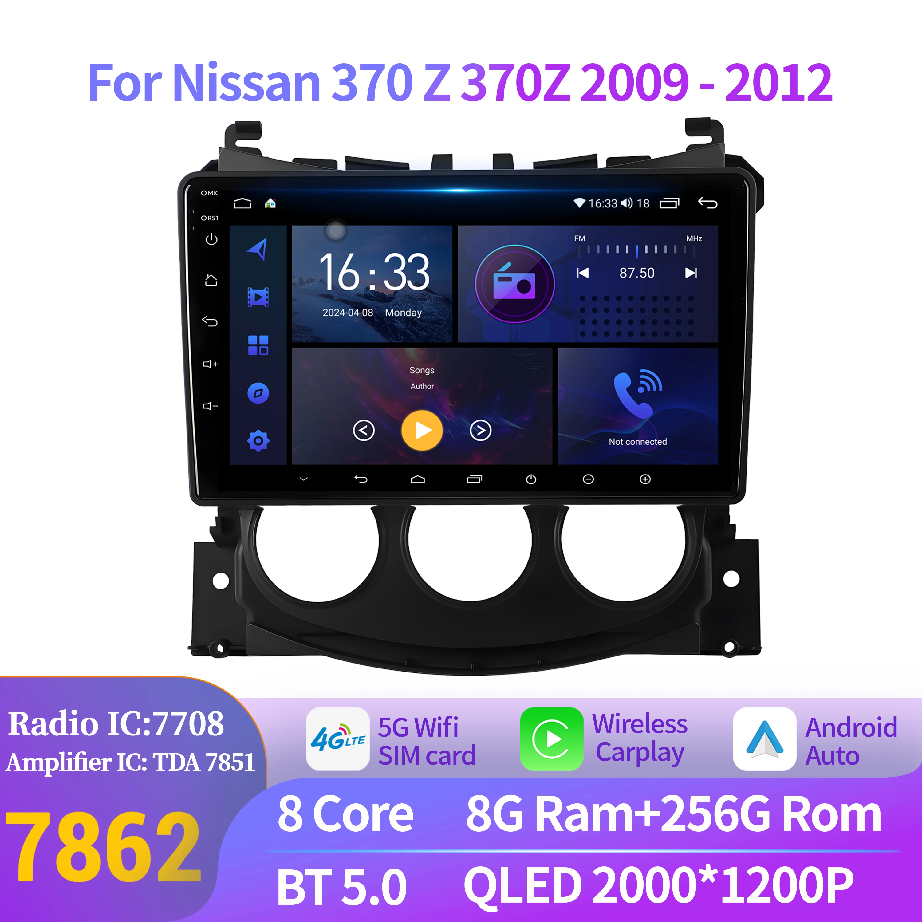 لنيسان 370 Z 370Z 2009-2012 راديو السيارة مشغل وسائط متعددة الملاحة 4G اللاسلكية BT CarPlay أندرويد 14 7862S 2K QLED شاشة #1