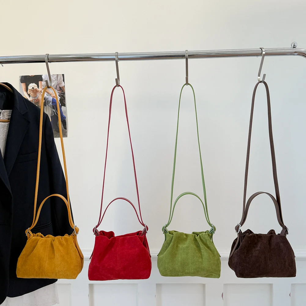 

Women Faux Suede Shoulder Bag W/ Adjustable Strap Crossbody Bag Drawstring Top Handle Bag for Travel Winter Fall