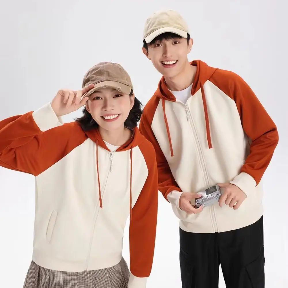 Customize Logo  Raglan Splice Color Zip‑Up Hoodie Unisex Loose Long Sleeve Hooded Sweatshirt Couple Casual Street Outerwear