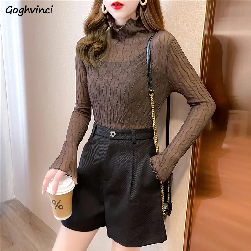 

Blouses Women Solid Slim Sexy Ruffles Collar Temperament All Match Trendy Design Gentle Ladies Clothes Lightweight Cozy Vintage