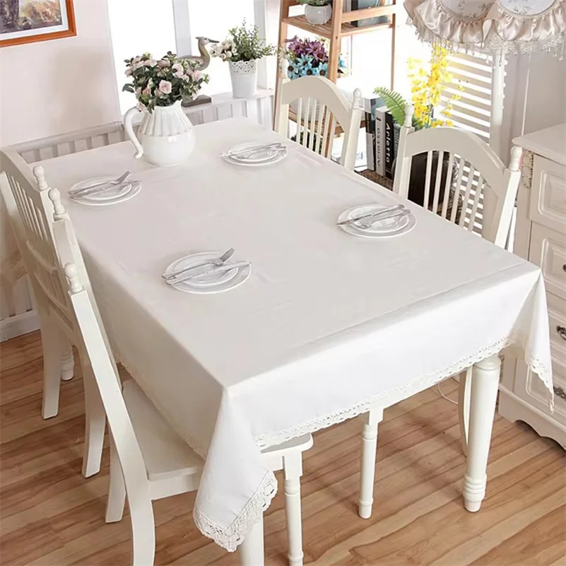 

Thick linen cotton solid color tablecloth, white with lace and lace hem splicing, washable banquet tablecloth