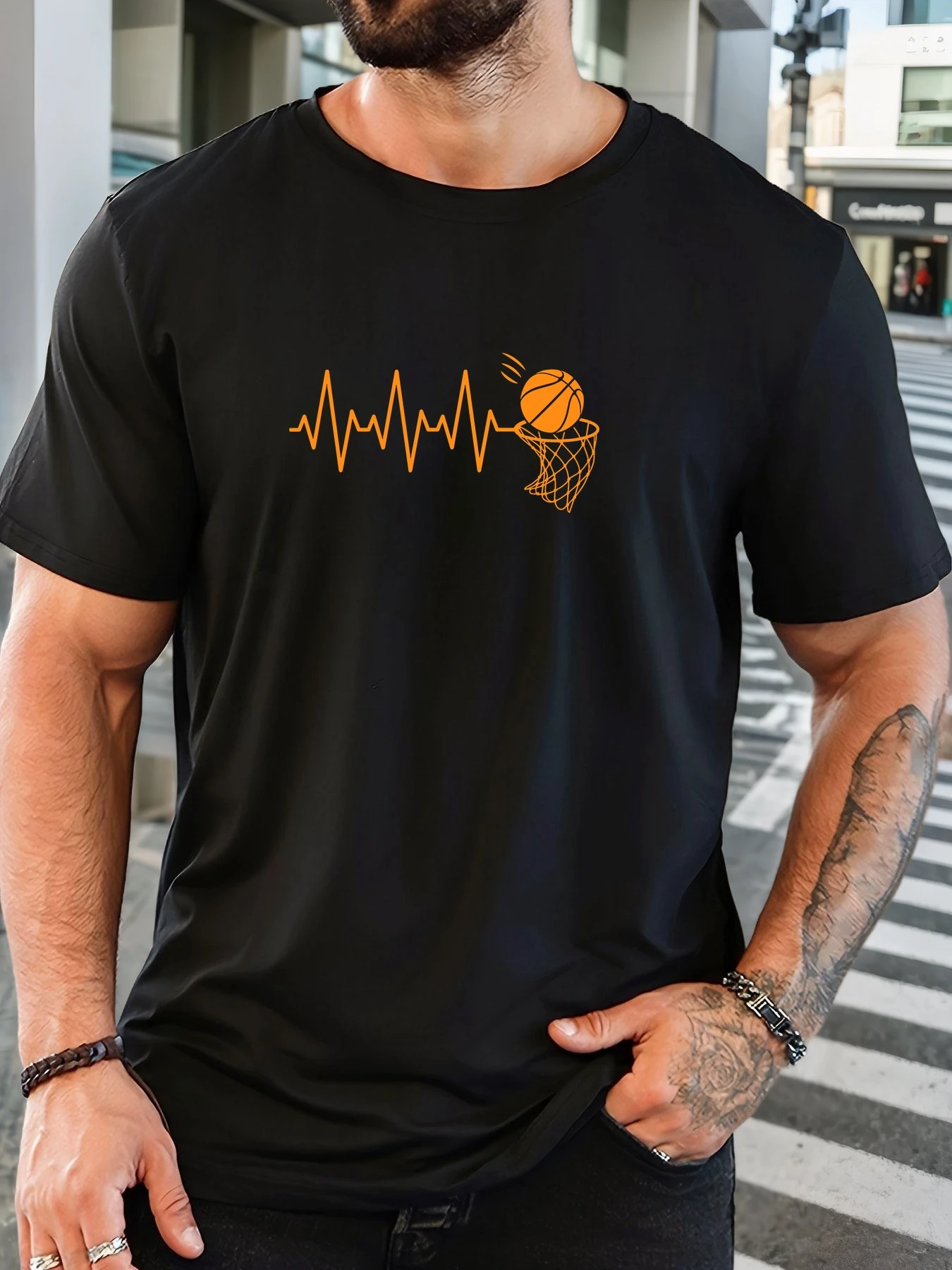 

Men's basketball heartbeat pattern summer casual crew neck short T-shirt